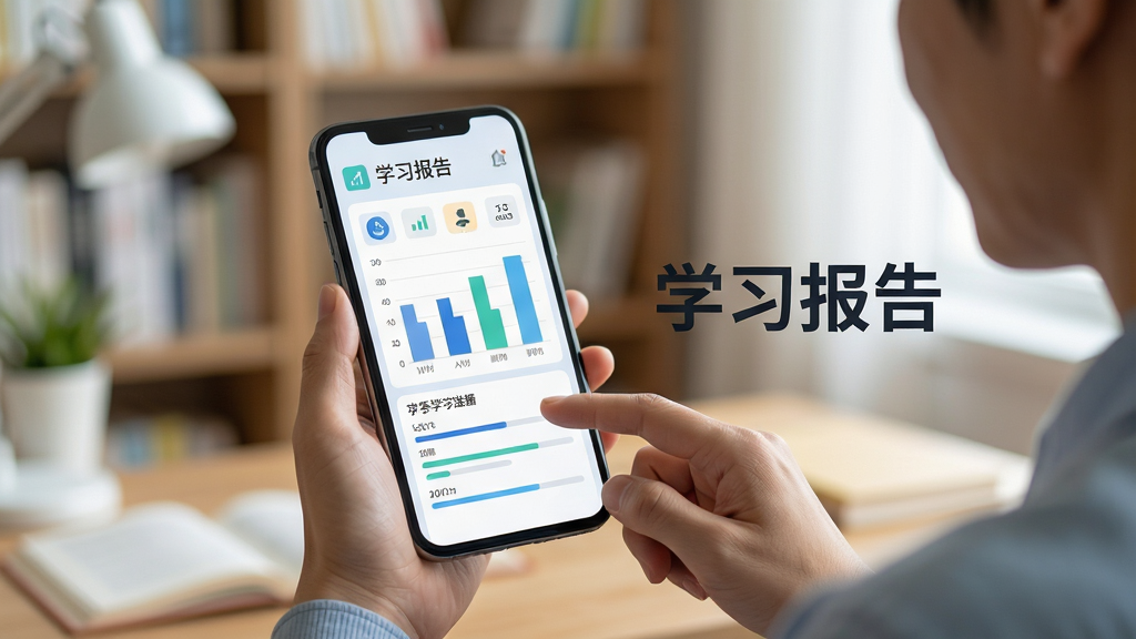 画面主体为一位家长在手机上查看孩子的学习报告,手机屏幕显示条形图和数据统计,旁边有“学习报告”文字。布局为手机在画面中央,背景为模糊的书房环境。排版简洁,风格为现代清爽的科技感,细节包含小图标和进度条。画质清晰,干净无多余元素。