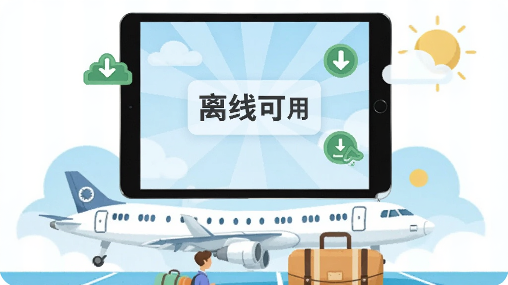 画面主体为飞机和行李箱的旅行场景,平板电脑中显示“离线可用”的标识,周围有下载完成的对勾图标。布局为旅行场景置于下方,平板置于上方。排版简洁,风格为清新旅行插画风,细节包含云朵和太阳。画质清晰,干净无多余元素。