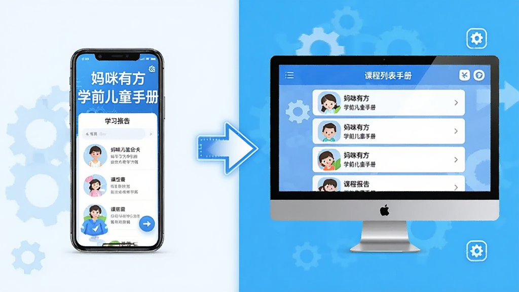 画面主体为手机和电脑并排展示“妈咪有方学前儿童手册”的操作界面,手机显示学习报告,电脑显示课程列表。布局为左右分屏,中间有箭头连接。排版清晰,风格为科技感教学示意图,细节包含齿轮和设置图标。画质高清,干净无多余元素。