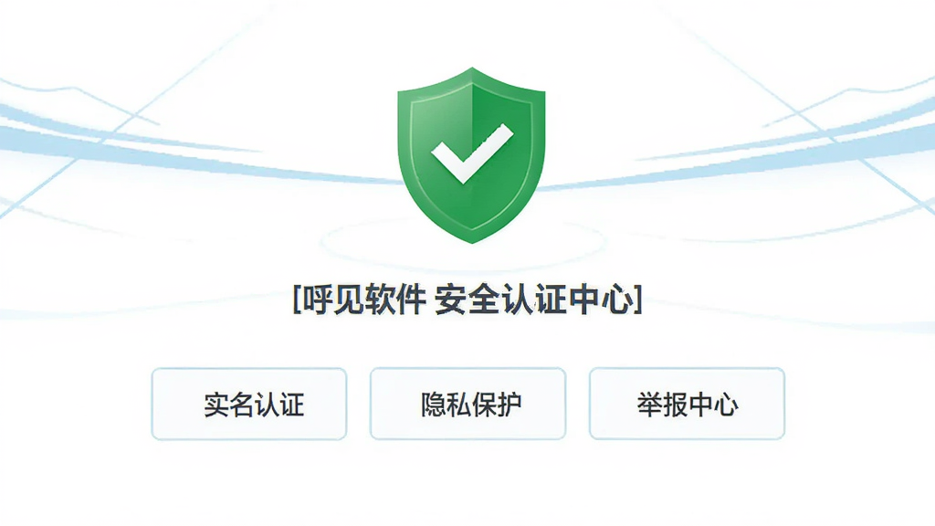 呼见软件的安全认证中心页面,页面上方是一个绿色盾牌图标,下方列出“实名认证”、“隐私保护”、“举报中心”三个功能入口,背景为简洁的白色,配有淡蓝色的装饰线条,整体风格严谨可靠,画质干净,无多余元素