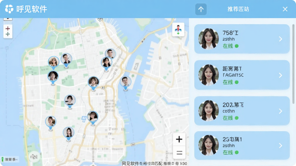 呼见软件的同城匹配界面截图,左侧是一张地图,上面分布着多个用户头像小图标,右侧是推荐用户列表,每张卡片都标注了距离和在线状态,界面以浅蓝色为主色调,清晰直观,画质干净,无多余元素