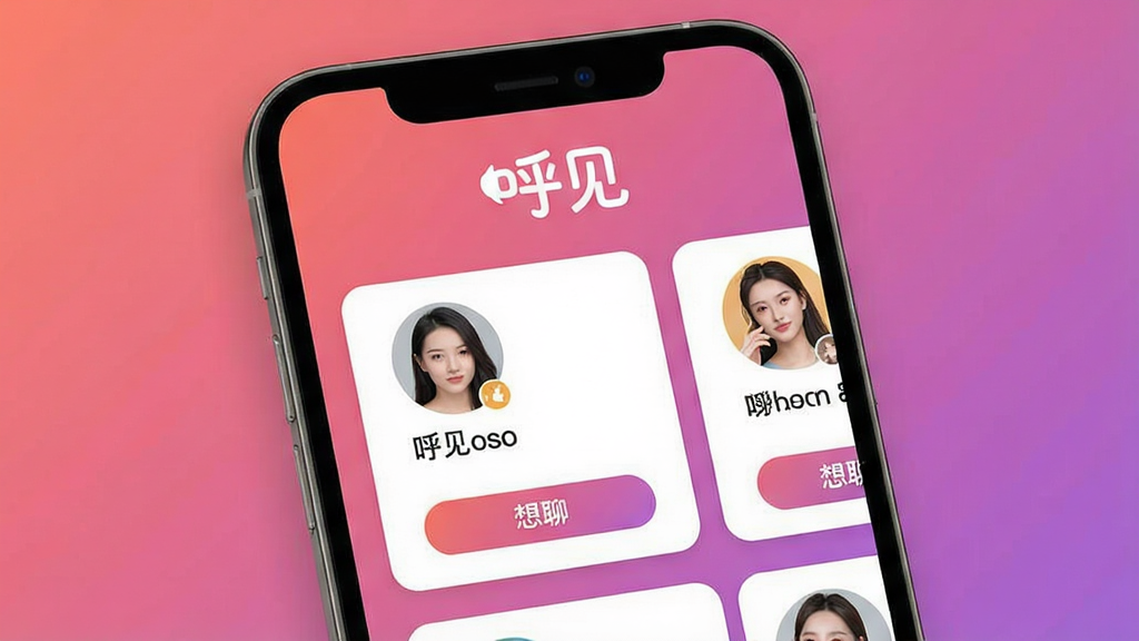 一张手机屏幕展示呼见交友软件主界面,界面上方显示“呼见”品牌标识,中间是几张清晰的用户卡片,卡片上有头像、昵称和“想聊”按钮,背景为温馨的粉紫色渐变,整体布局简洁明快,画质干净,无多余元素