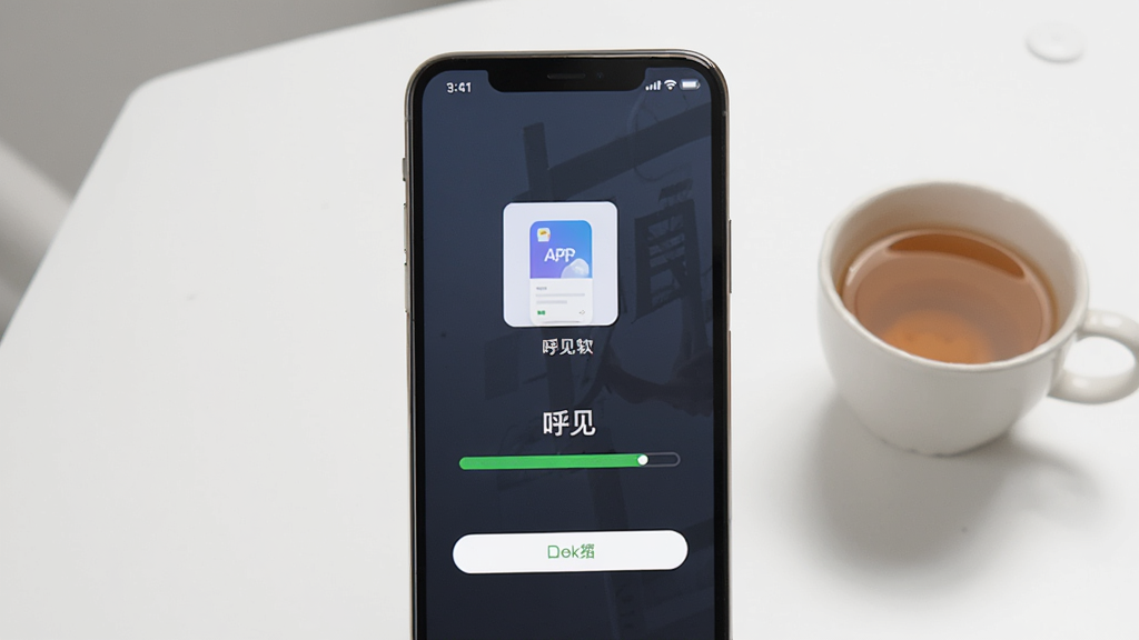 一张呼见APP的安装教程示意图片,图中显示手机屏幕正在下载并安装呼见软件,安装进度条清晰可见,背景是简洁的桌面,旁边放着一杯茶,画质干净,无多余元素