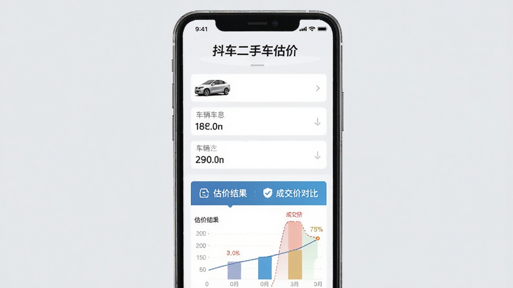 手机屏幕展示抖车二手车估价APP主界面,界面上方显示“抖车二手车估价”字样,中间有车辆信息输入框,下方显示估价结果和成交价对比图表,整体风格简洁清晰,背景为浅灰色,突出数据展示,画质干净无多余元素