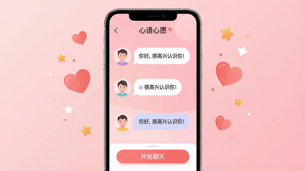 主体:手机屏幕展示“心语心愿”应用界面,界面中有男女用户头像和对话气泡,背景是柔和的粉色渐变。布局:手机居中,周围有飘散的心形和星星装饰。排版:界面简洁,气泡文字清晰,底部有“开始聊天”按钮。风格:现代扁平化插画风格,色彩温暖明亮。细节:男女头像微笑,气泡内文字为“你好,很高兴认识你!”。画质:高清,干净,无多余元素。