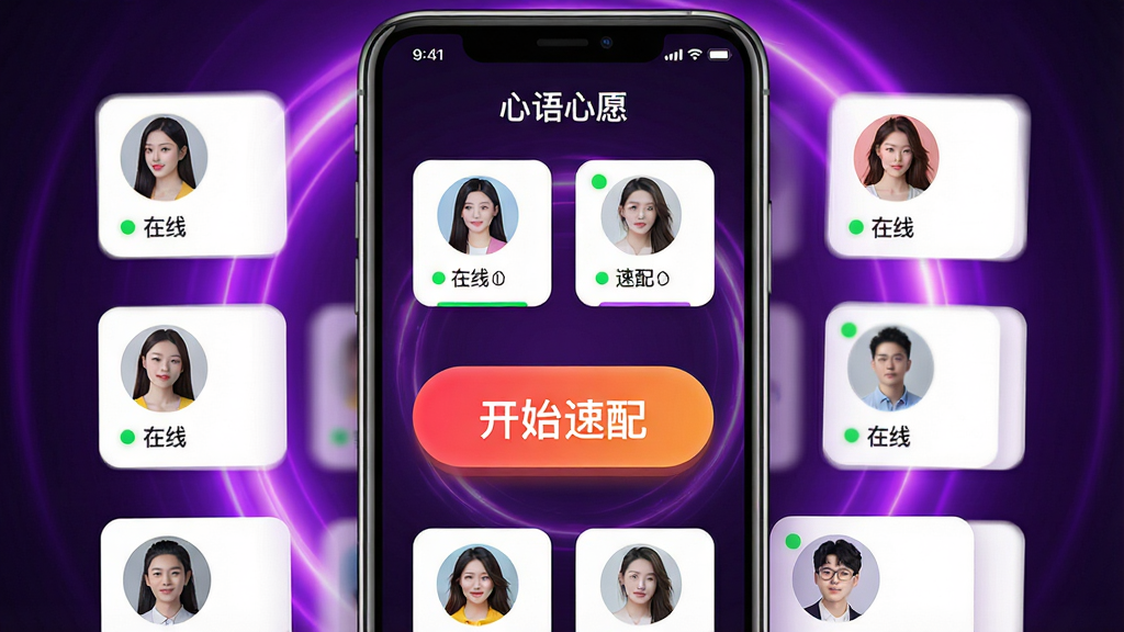 主体:手机屏幕展示“心语心愿”速配界面,一个大大的“开始速配”按钮,周围有多个用户头像卡片。布局:手机居中,背景是动态的紫色光晕。排版:按钮醒目,头像卡片排列整齐。风格:时尚动感,色彩鲜明。细节:按钮上有“速配”字样,头像卡片中有“在线”绿点。画质:高清,干净,无多余元素。