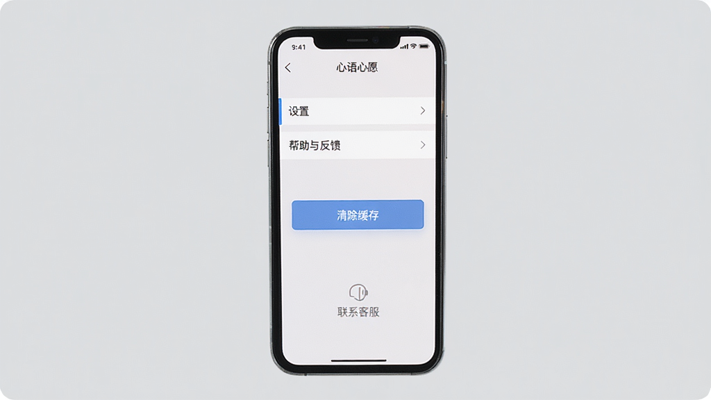 主体:手机屏幕展示“心语心愿”设置页面,有“设置”、“帮助与反馈”等选项。布局:手机居中,背景是纯色浅灰。排版:设置项清晰排列。风格:简洁实用。细节:屏幕上有“清除缓存”按钮,下方有“联系客服”入口。画质:高清,干净,无多余元素。
