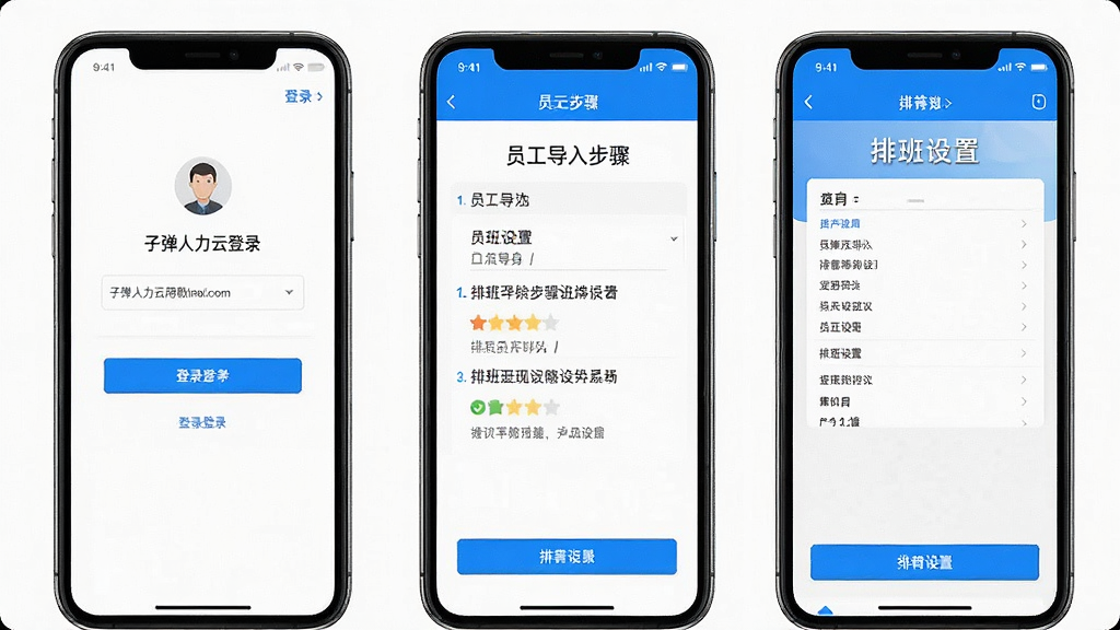 一张子弹人力云使用教程的界面截图,主体为手机端操作页面,包含登录界面、员工导入步骤、排班设置页面,步骤指引清晰,风格简洁,蓝色高亮按钮,画面干净无多余元素,画质清晰。