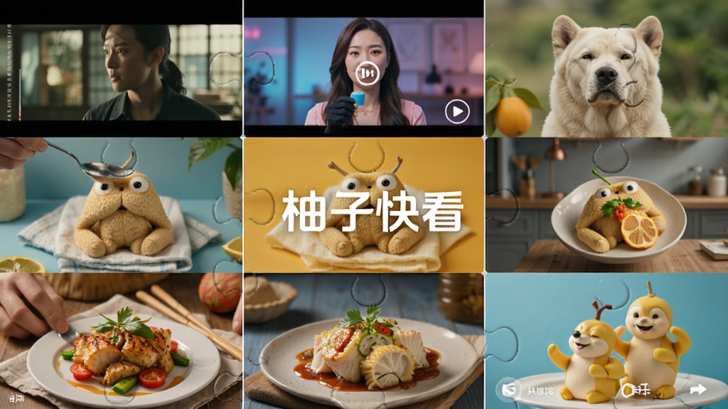 九宫格拼图风格展示图,每个格子中展示柚子快看APP内不同分类的短视频封面,包括电影片段、音乐MV、搞笑动物、美食制作等,色彩缤纷,排列整齐,中央有“柚子快看”logo水印,整体设计时尚,画质高清,干净无多余元素