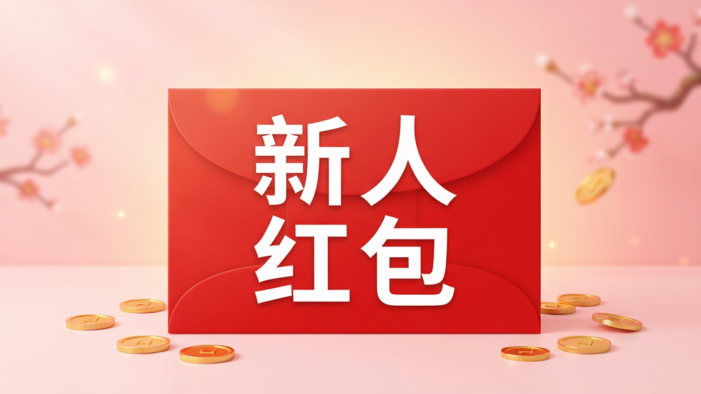 喜庆风格宣传海报,主视觉为一个大红色红包,红包表面印有白色“新人红包”四个字,旁边散落着几枚金币,背景为柔和的粉红色渐变,光线温馨,构图居中,画面干净无多余元素,突出喜庆氛围