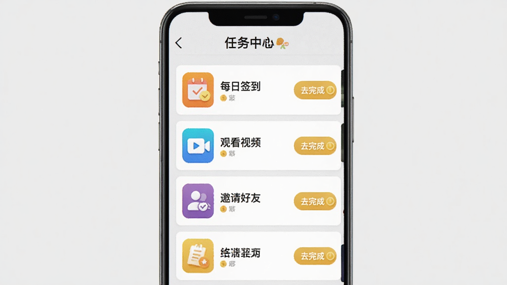 任务列表界面截图风格图片,手机屏幕中显示柚子快看“任务中心”页面,从上到下排列着“每日签到”“观看视频”“邀请好友”等彩色图标任务卡片,每个卡片右侧有“去完成”按钮和金币奖励标识,背景为浅灰色,UI整洁,画质清晰,干净无多余元素