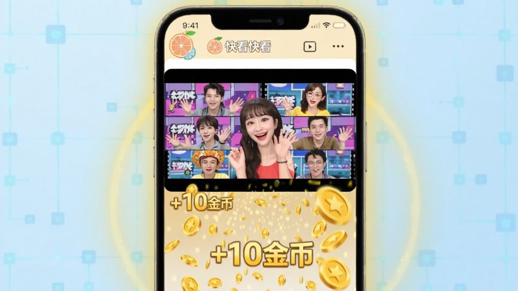 动画风格插图,中央是柚子快看APP播放页面,视频画面为欢快的综艺剪辑,屏幕下方有金币雨特效和不断跳动的“+10金币”字样,手机周围有金色光晕,背景为浅蓝色科技感网格,整体明亮通透,画质细腻,干净无多余元素