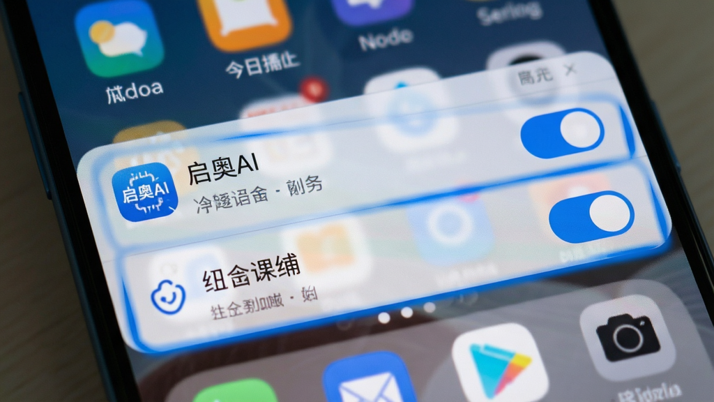 一张显示手机设置界面的截图,屏幕上突出显示“启奥AI”应用的通知权限和定位权限开关,背景为模糊的手机桌面,以蓝色高光标记关键设置项,画面简洁明了,风格写实,画质干净,无多余元素