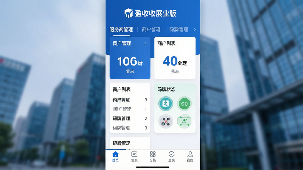 主体:盈收收展业版手机应用界面,展示服务商管理后台,包含团队数据看板、商户列表、码牌状态图标。布局:界面采用上下结构,顶部为软件名称“盈收收展业版”Logo,中部为数据统计卡片,底部为功能导航栏。排版:卡片式布局,信息层级分明,数字醒目。风格:现代商务风,蓝白主色调,简洁专业。细节:屏幕中显示“服务商管理”、“商户管理”、“码牌管理”等菜单,背景有模糊的商务建筑图片。画质:高清,干净,无多余元素。