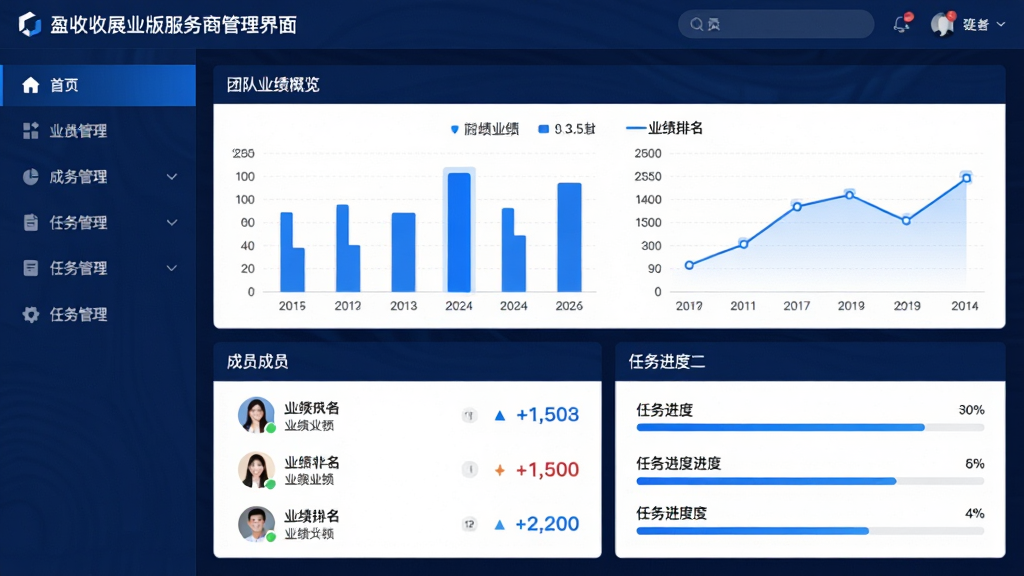 主体:盈收收展业版服务商管理界面截图,显示团队业绩图表、成员列表、任务进度条。布局:左侧为功能菜单,右侧为数据看板,图表采用柱状图和折线图。排版:数据模块清晰,重点数据用蓝色高亮。风格:商务科技感,深蓝背景配白色文字。细节:图表上方标注“团队业绩概览”,成员列表带有头像和业绩排名。画质:高清,干净,无多余元素。