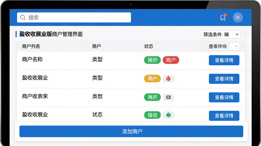 主体:盈收收展业版商户管理界面,展示商户列表,包括商户名称、类型、状态标签。布局:列表式布局,每行显示一个商户信息,右侧有“查看详情”按钮。排版:简洁清晰,商户状态用彩色标签区分。风格:清新商务风,白底蓝字。细节:顶部有搜索框和筛选条件,列表底部有“添加商户”按钮。画质:高清,干净,无多余元素。