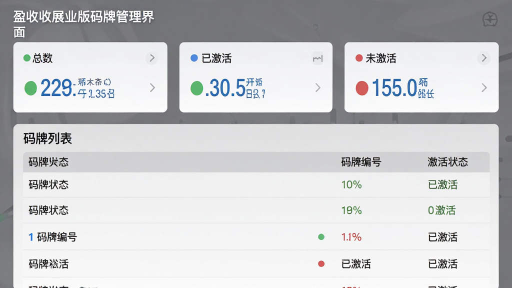 主体:盈收收展业版码牌管理界面,展示码牌状态统计图、码牌列表,包含码牌编号和激活状态。布局:上部为统计卡片(总数、已激活、未激活),下部为码牌列表。排版:数据卡片横向排列,列表竖向排列。风格:简约科技风,灰色背景,蓝色数据。细节:码牌状态用绿色(已激活)和红色(未激活)圆点标识。画质:高清,干净,无多余元素。