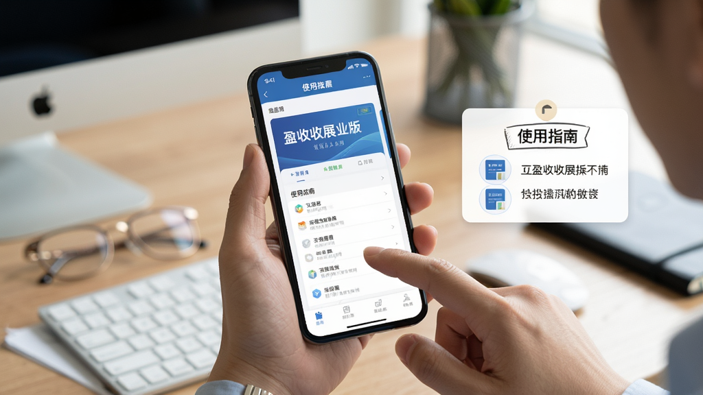 主体:一位用户手持手机使用盈收收展业版,界面显示“使用指南”页面,背景为办公桌。布局:手机居中,用户手指点击屏幕。排版:手机屏幕特写,界面清晰。风格:写实生活风,自然光。细节:屏幕中显示“盈收收展业版”主界面,旁边有操作步骤提示卡。画质:高清,干净,无多余元素。