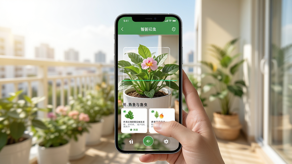展示花鸟鱼虫APP的智能识物功能使用场景,主体为一部手机对准一盆绿植进行扫描识别,屏幕中显示出植物名称和养护卡片,背景是明亮的阳台,有阳光洒落,布局以手机为中心,左右留白,风格写实明亮,细节清晰,画质高清,干净无多余元素。