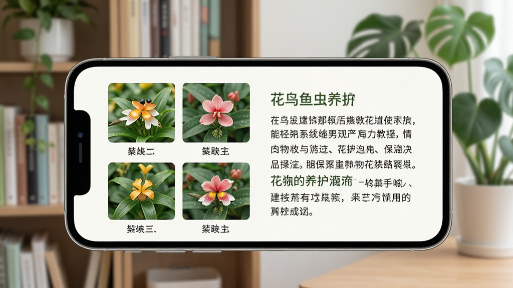 展示花鸟鱼虫APP的新手攻略板块,主体为手机屏幕中一篇图文并茂的养护教程,左侧是步骤配图,右侧是文字说明,背景是书架和绿植,布局规整,风格简洁实用,色彩柔和,画质清晰,干净无多余元素。