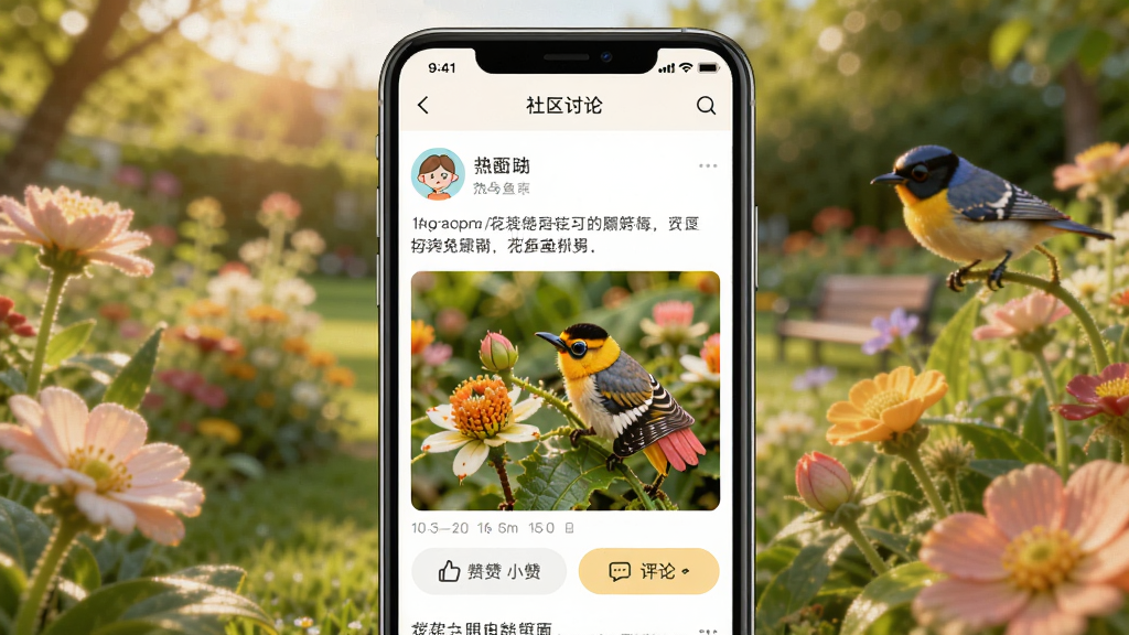 展示花鸟鱼虫APP的社区讨论界面,主体为手机屏幕中一个热门帖子详情页,有用户头像、昵称、图文内容和点赞评论按钮,背景是模糊的户外花园,布局以内容为中心,风格活泼温馨,色彩鲜艳,画质高清,干净无多余元素。