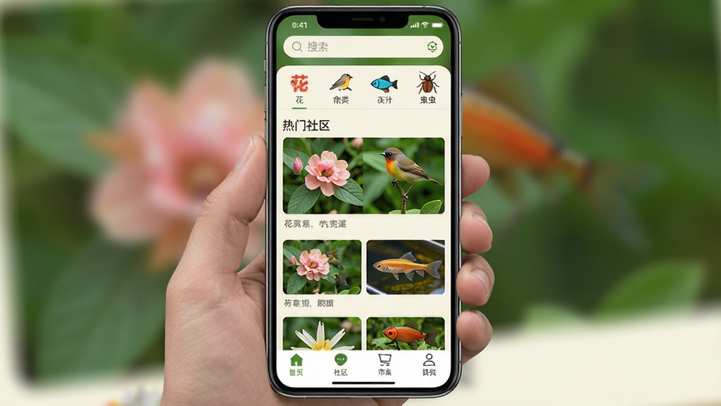 图片展示花鸟鱼虫APP的界面预览,主体为手机屏幕中的APP主页面,上方是搜索栏和分类图标(花、鸟、鱼、虫),中间是热门社区帖子卡片流,下方是底部导航栏(首页、社区、市集、我的),整体布局清晰简洁,风格清新自然,以绿色和米白色为主色调,配以真实的花草鱼虫照片,画质高清,干净无多余元素。