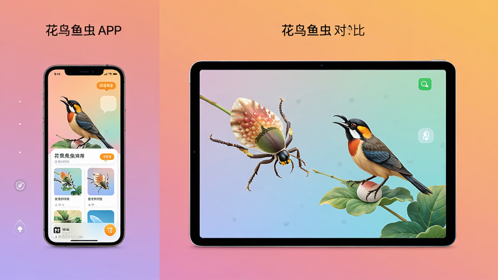 展示花鸟鱼虫APP在手机和平板上的运行效果对比,主体为左右分屏,左侧是手机界面,右侧是平板横屏界面,背景为纯色渐变,布局对称,风格简约,细节清晰,画质干净,无多余元素。