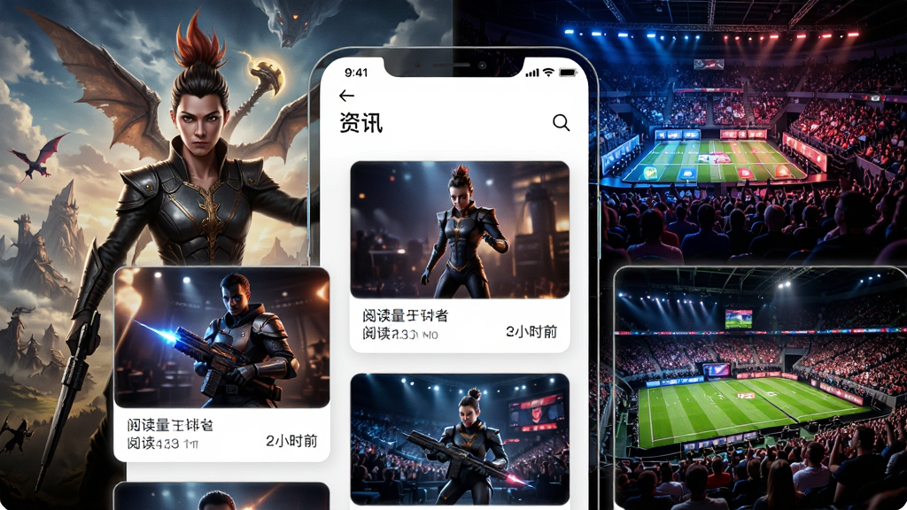 科技感新闻资讯界面,主体为RankRank应用内“资讯”页面,背景是游戏海报与赛场照片,布局采用瀑布流卡片式,排版错落有致,细节包含阅读量与发布时间标签,画质明亮干净,无多余元素