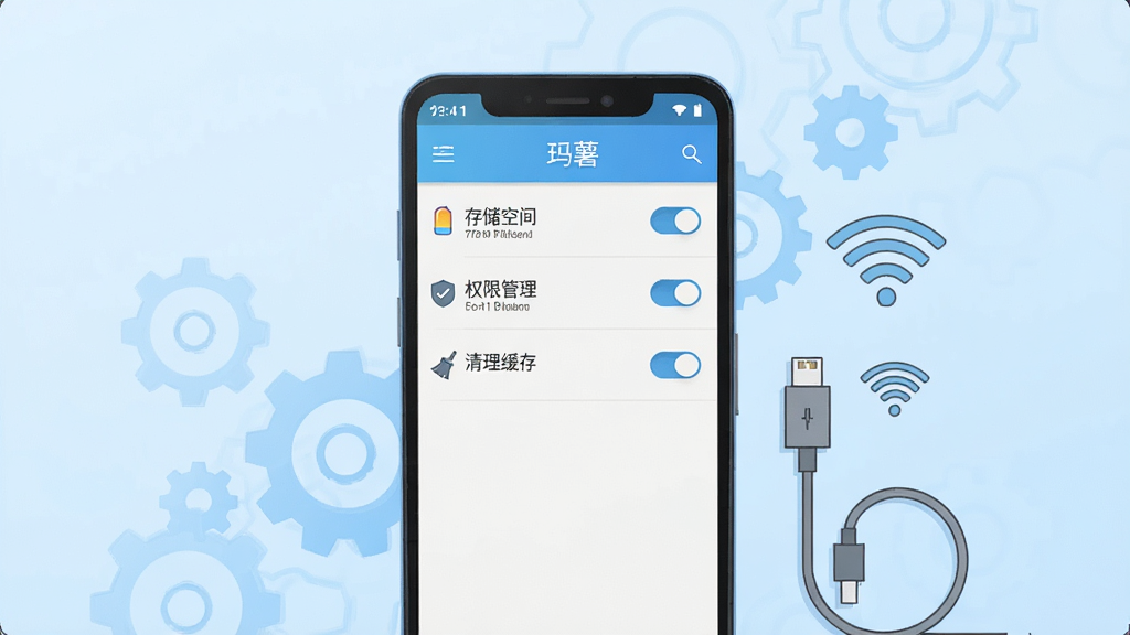 主体:一部安卓手机屏幕显示玛薯应用设置页面,页面包含“存储空间”“权限管理”“清理缓存”等选项,旁边有手机充电线和无线网络图标。布局:手机居中,背景为浅蓝色渐变,设置选项以列表形式清晰排列。排版:简洁明了,图标线条风格。风格:科技感扁平插画。细节:屏幕内设置项用开关控件展示,背景有齿轮装饰。画质:高清干净,无多余元素。