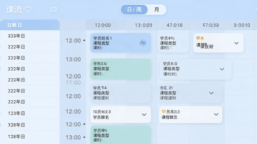 ���������α�����ͼ���棬���Ϊ�����б����Ҳ�Ϊÿ�տγ�ʱ���ᣬ�γ̿�Ƭ��ʾѧԱ�������γ����ͺͿ�ʱ����������/��/���л���ť���������Լ��ɫ����ͣ���ǳ��ɫΪ���������岼���������޶���װ�Σ�����������ͻ����������Ʒ�ơ�