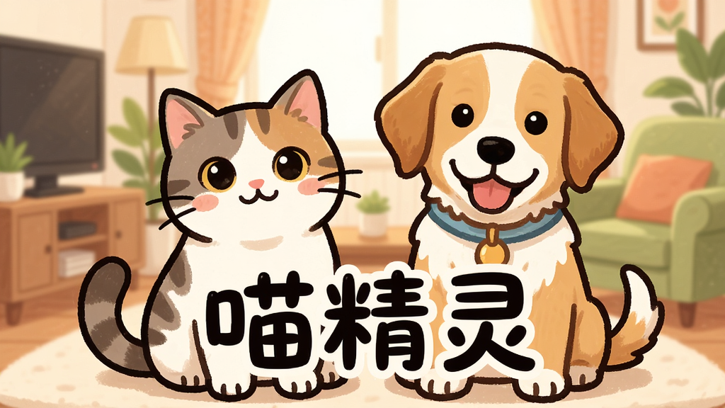 猫咪和狗狗并排坐在一起,背景是温馨的家庭客厅,画面中央有文字“喵精灵”,整体风格清新可爱,卡通插画风,细节丰富,画质干净,无多余元素