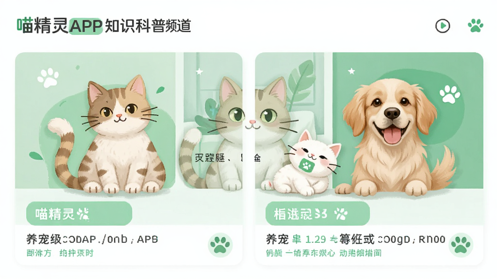 喵精灵APP的知识科普频道,展示多篇养宠文章卡片,封面有猫咪和狗狗的插图,风格简洁现代,绿色点缀,画质干净,无多余元素