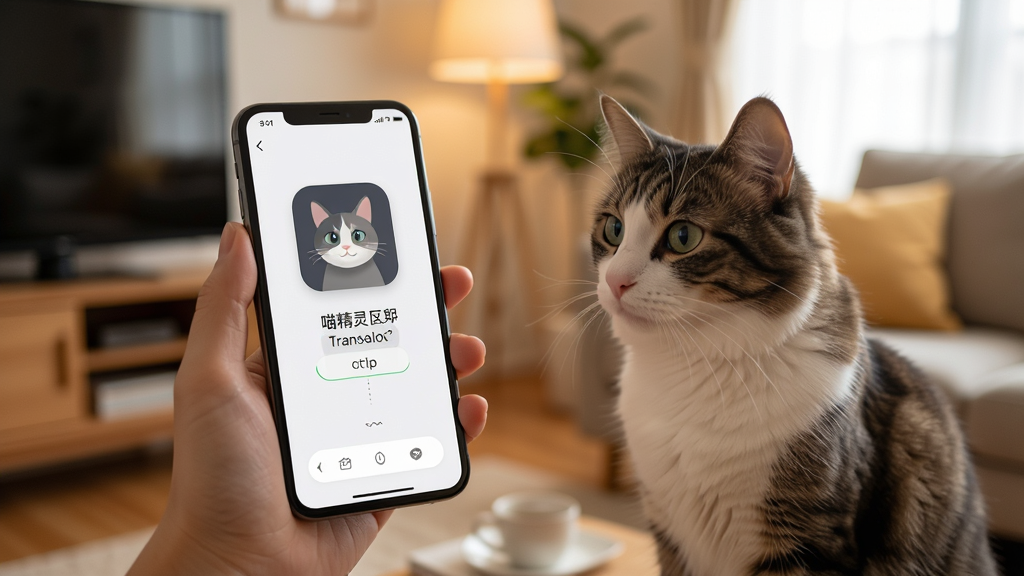 喵精灵APP使用场景,一只手拿着手机对着猫咪,屏幕显示翻译结果,背景是温暖的家,画面真实感强,光线柔和,画质干净,无多余元素