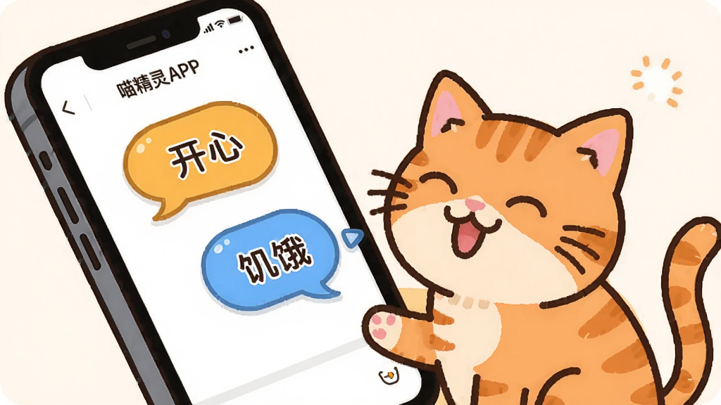 智能手机屏幕显示喵精灵APP的翻译界面,一只橘猫对着手机喵叫,界面出现“开心”“饥饿”等文字气泡,卡通风格,布局简洁,色彩明亮,画质干净,无多余元素
