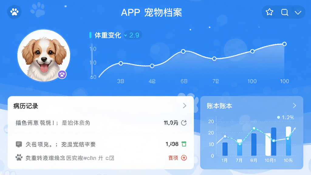 喵精灵APP的宠物档案页面,包含宠物头像、体重变化曲线、病历记录和账本图表,界面清爽,数据可视化,蓝色主调,画质干净,无多余元素