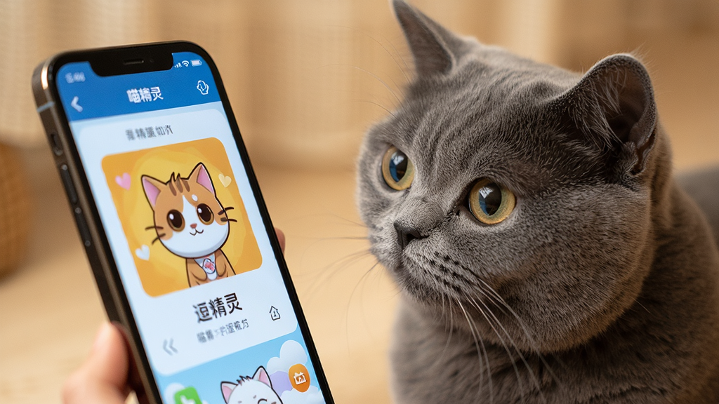 一只英短蓝猫好奇地盯着手机屏幕,手机播放喵精灵的逗宠音效界面,画面有趣生动,暖色调,细节丰富,画质干净,无多余元素