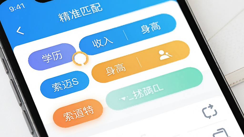 索迈特APP筛选功能界面,展示多个筛选条件标签(如学历、收入、身高),界面为列表形式,风格清爽,色彩明快,突出“精准匹配”的功能特点,画质清晰干净