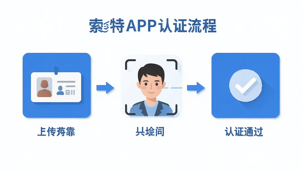 索迈特APP认证流程页面,展示身份证上传、人脸识别、认证通过的图标步骤,设计风格扁平化,蓝色为主色调,画面简洁清晰,突出“真实可靠”的核心功能,画质干净无多余元素