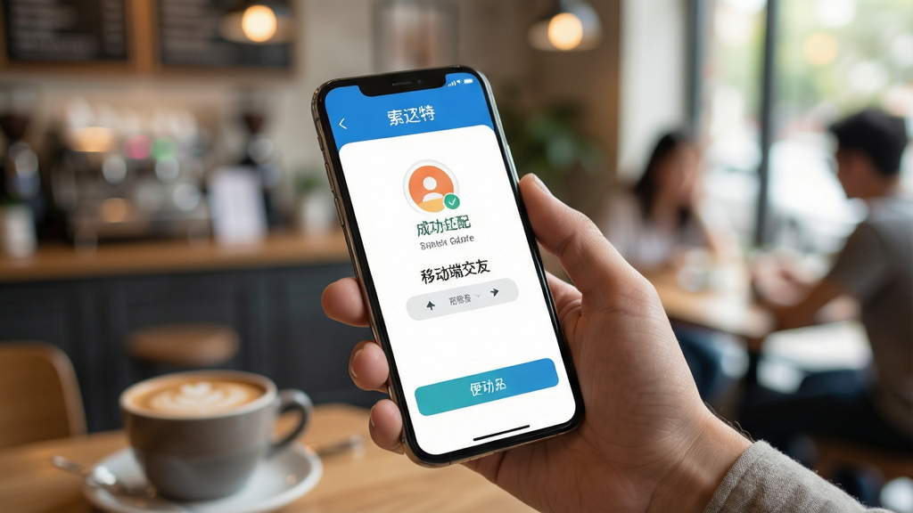 索迈特APP的手机使用场景图,画面中一只手拿着手机,屏幕上显示匹配成功的界面,背景为模糊的咖啡馆,突出“移动端交友”的便捷性,风格自然生活化,画质清晰