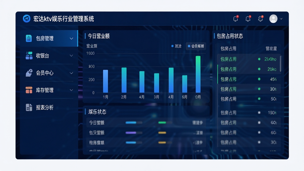 宏达ktv娱乐行业管理系统主界面预览图,画面中央为深蓝色调的系统后台首页,左侧侧边栏显示包房管理、收银台、会员中心、库存管理、报表分析等图标,右侧大屏展示今日营业额柱状图与包房占用状态列表,顶部导航栏带有白色文字“宏达ktv娱乐行业管理系统”,整体布局简洁专业,科技感强,UI设计现代,色彩对比鲜明,画质高清,干净无多余元素