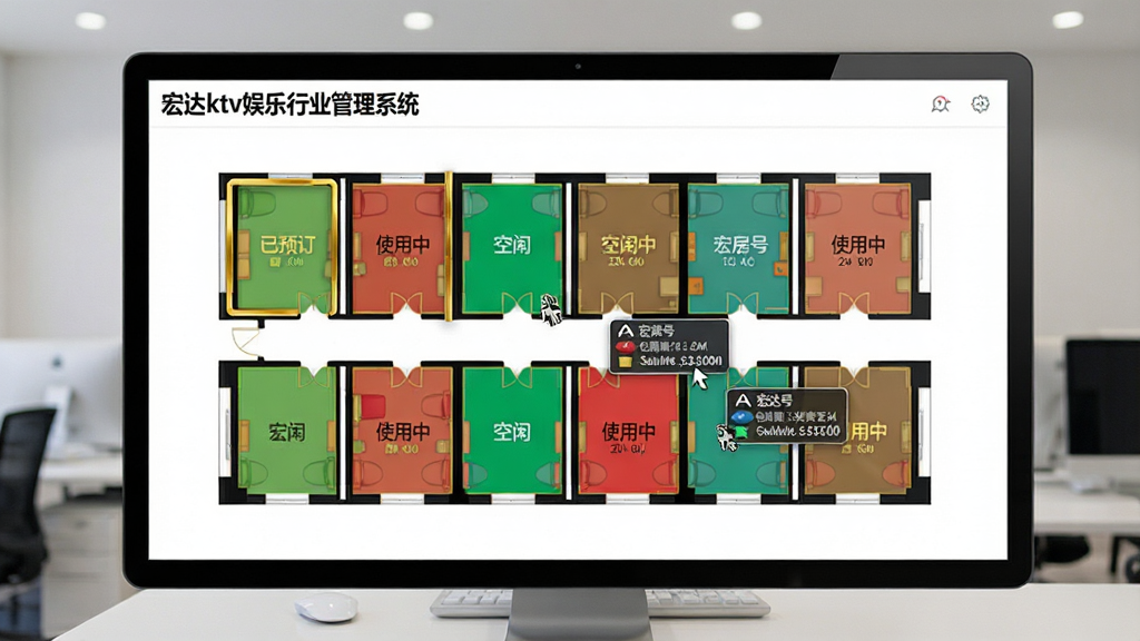 宏达ktv娱乐行业管理系统包房管理界面,屏幕中央显示多间包房平面图,不同颜色标识状态,金色边框表示已预订,绿色表示空闲,红色表示使用中,鼠标悬停显示包房号与当前消费金额,界面左上角有“宏达ktv娱乐行业管理系统”字样,整体风格明亮清晰,图标简洁,适合后台管理场景,画质细腻,无多余杂物