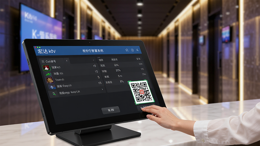 宏达ktv娱乐行业管理系统收银界面操作示意图,画面为前台收银员正在使用触摸屏操作收银系统,屏幕显示包房号、消费明细、支付二维码,背景为现代KTV走廊灯光效果,整体氛围明亮,画质清晰,突出软件界面,干净无多余元素