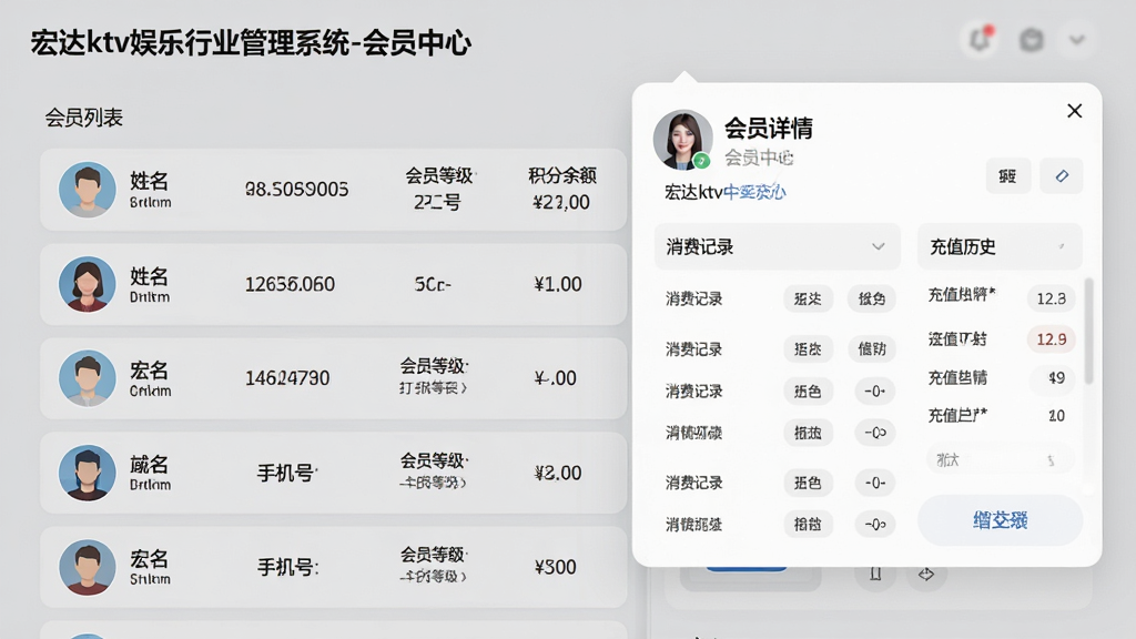 宏达ktv娱乐行业管理系统会员管理页面,左侧为会员列表,包含头像、姓名、手机号、会员等级、积分余额,右侧显示会员详情弹窗,展示消费记录与充值历史,背景为淡灰色,卡片式布局,圆角设计,顶部标题“宏达ktv娱乐行业管理系统-会员中心”,界面友好,数据清晰,现代扁平化风格,画质高清,无多余元素
