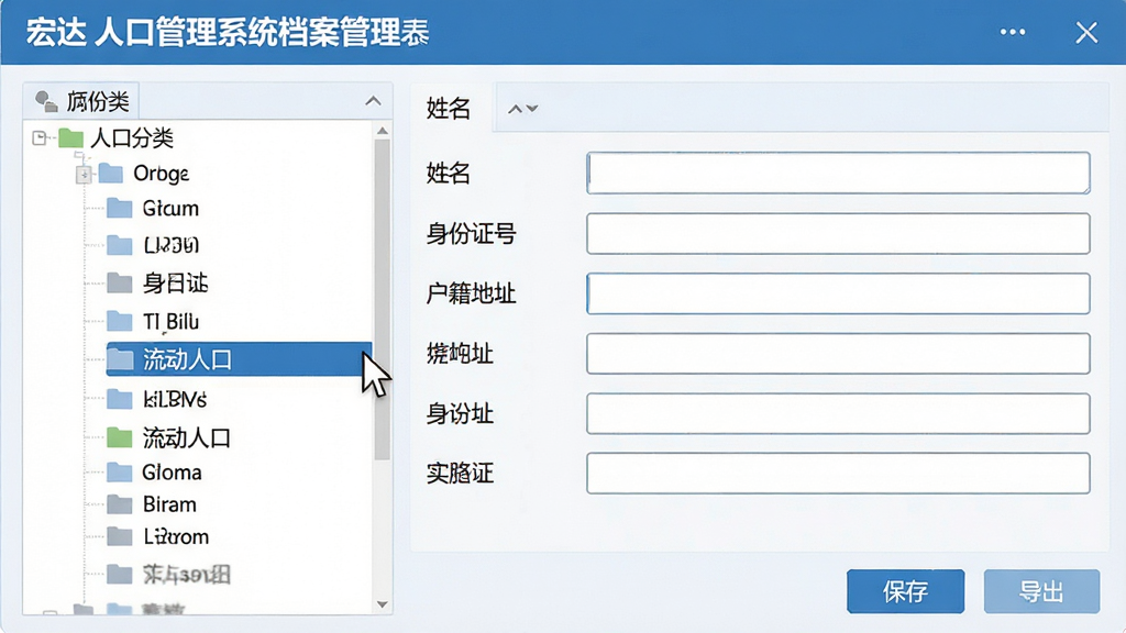 主体:宏达人口管理系统档案管理界面截图,左侧为人口分类树,右侧为详细字段表单。布局:左右分栏设计,表单中“姓名”、“身份证号”、“户籍地址”等字段清晰。排版:字体工整,标签与输入框对齐,底部有“保存”、“导出”按钮。风格:扁平化UI设计,蓝色系,简洁清爽。细节:鼠标指针指向“流动人口”分类,高亮显示。画质:高清,干净,无多余元素。