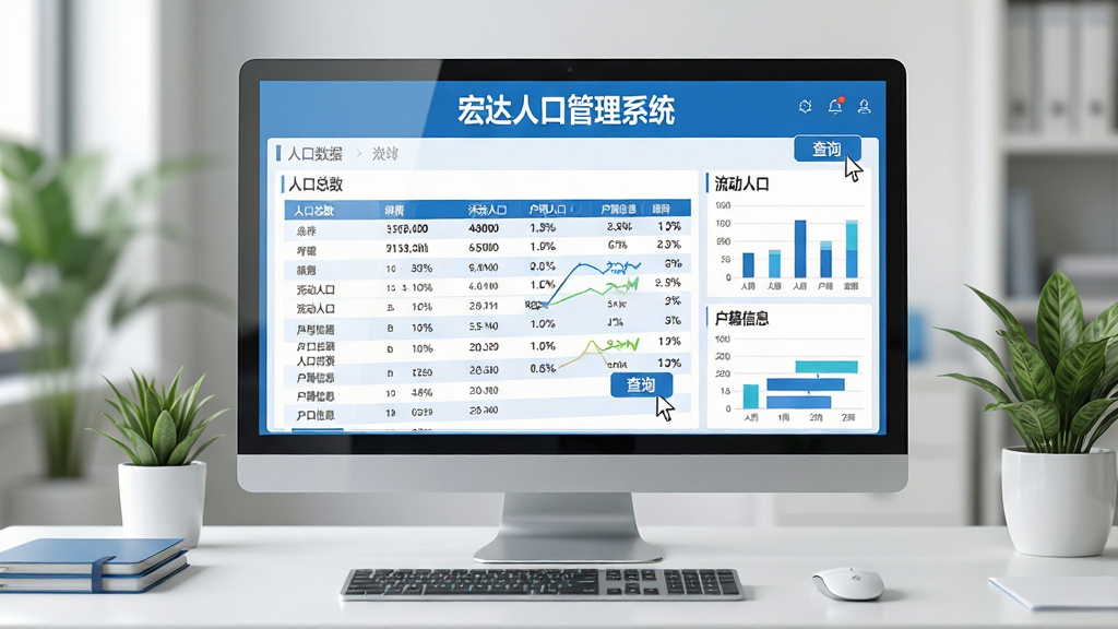 主体:宏达人口管理系统软件主界面展示,电脑屏幕中清晰显示“宏达人口管理系统”字样及人口数据看板。布局:居中构图,屏幕为视觉焦点,周围搭配简约办公桌与绿植。排版:界面内数据表格、统计图表分布合理,文字标签“人口总数”、“流动人口”、“户籍信息”清晰可见。风格:写实科技风,色彩明亮,蓝白主色调,细节丰富。细节:屏幕反光自然,鼠标指针悬停在“查询”按钮上,背景虚化。画质:8K超高清,干净,无多余元素。