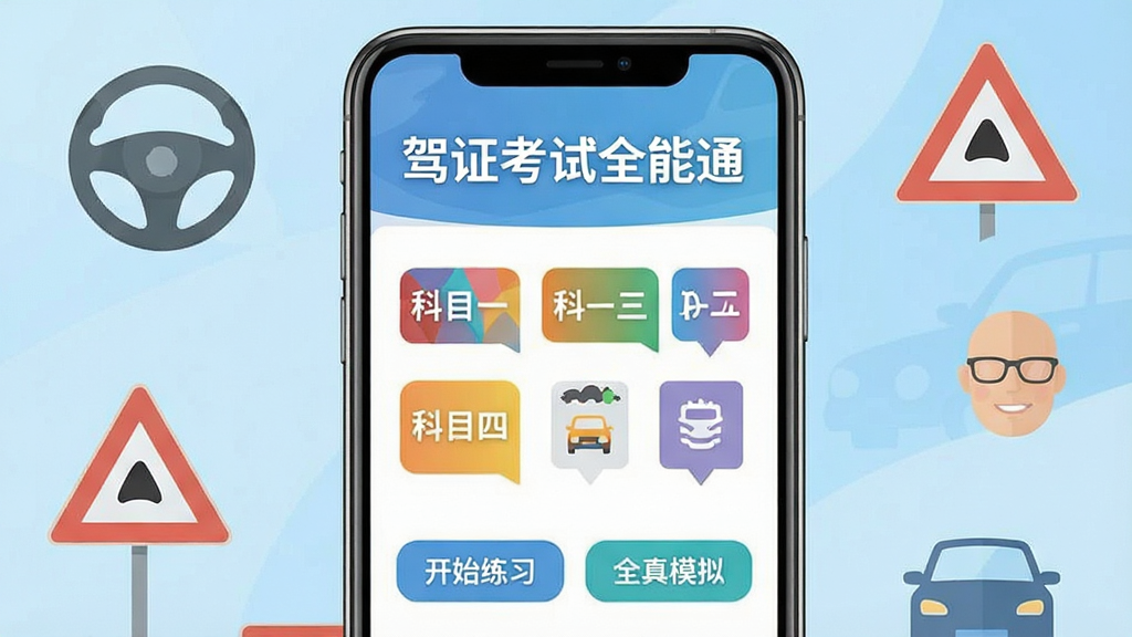 画面主体为一部智能手机屏幕展示驾证考试全能通应用界面,界面顶部显示“驾证考试全能通”字样,中间是科目一至科目四的彩色图标,下方有“开始练习”“全真模拟”按钮。背景为浅蓝色渐变,配有方向盘、交通标志等驾考元素点缀,整体风格清新简洁,扁平化设计,干净无多余元素。