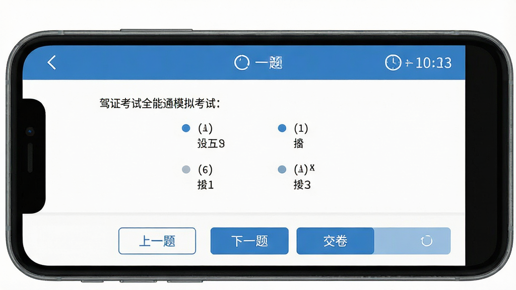 画面主体为驾证考试全能通模拟考试界面,手机屏幕中显示一道选择题,下方有“上一题”“下一题”“交卷”按钮,右上角显示答题计时器。背景为白色,界面采用蓝色主题色,整体布局干净整齐,扁平化设计,文字清晰,画质高清,无多余元素。