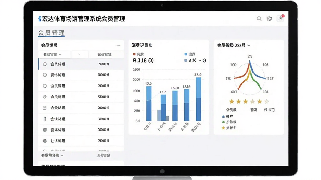 宏达体育场馆管理系统会员管理页面,展示会员列表、消费记录图表、会员等级,浅色背景,信息清晰,专业报表风格,高清画质