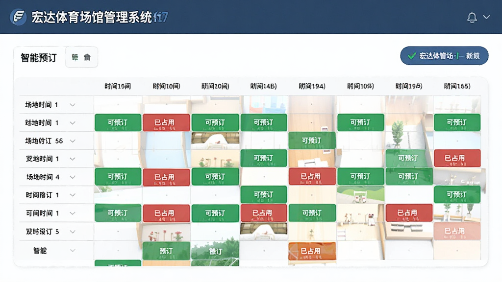 宏达体育场馆管理系统智能预订界面,显示场地时间表格,绿色可预订,红色已占用,界面简洁,扁平化设计,高清晰度