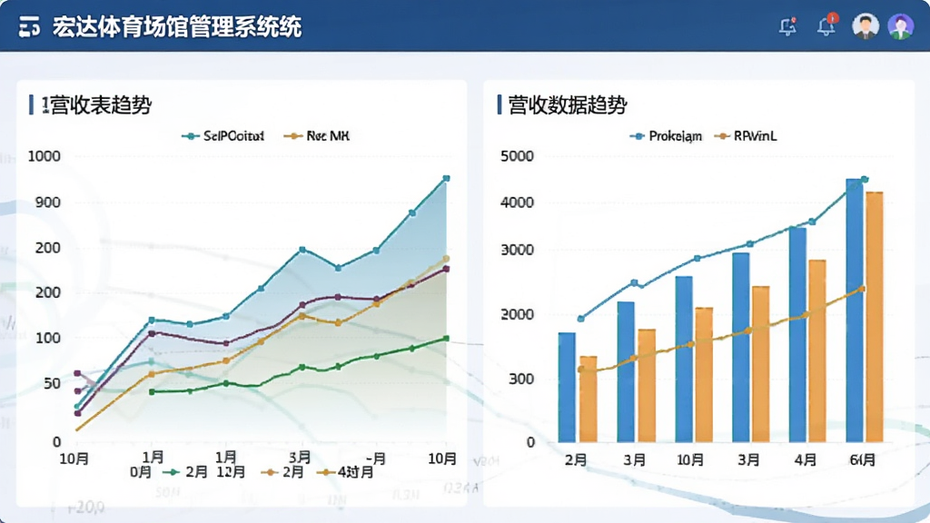 宏达体育场馆管理系统财务报表界面,折线图与柱状图展示营收趋势,数据看板样式,色彩鲜明,商业智能风格,干净背景,高分辨率